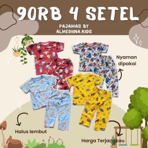 PAKET 90RB DAPAT 4 SETEL PENDEK PANJANG Almediina ALIL.CP Setelan Bajun Tidur Anak Lengan Pendek Celana Panjang Motif Print