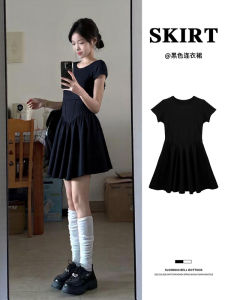 Black Fishbone A-Line Mini Dress Womens Summer 2025 Waist-Cinching Hepburn Style Short Skirt Soft Polyester Fiber Short Sleeve