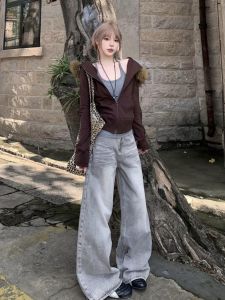 Quần Jeans Ống Rộng Màu Xanh Cạp Cao Quần Dài Cho Nữ Mùa Thu Quần Dài Dài Đến Sàn Phong Cách Đường Phố Mỹ