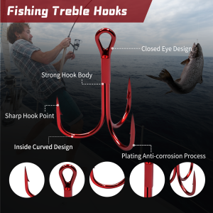 FishTrip 25-100pcs Red Treble Hook Round Bend Sharp Barbed Treble Hook High Carbon Steel Triple Hooks for Bass Trout Saltwater
