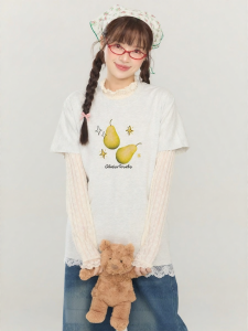 Gbiaior | American Street Style Red Apple Pattern Gray Color High-quality SORONA Cool Feeling Short Sleeve T-shirt