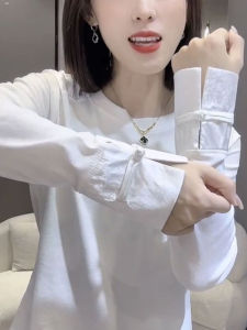 New Chinese Style Womens Long Sleeve T-Shirt Floral Embroidery Base Layer Top Inner Wear Elegant White Fashionable Ladies Tee