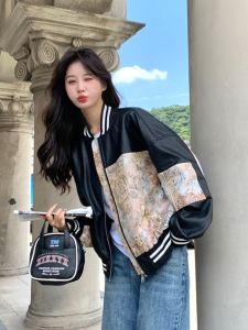 New Chinese Style Black PU Leather Jacket Womens Short Spring Autumn Slim Fit Print Baseball Uniform Top Zipper Closure