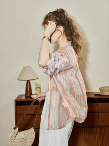 KUHNMARVIN | Áo Sơ Mi Nữ Kiểu Cổ Điển Chất Liệu Linen & Tencel Sọc