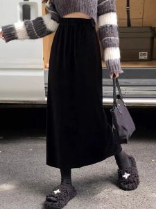 Black Fleece Lined Velvet A-Line Midi Skirt Womens Autumn Winter Slimming High Waist Straight Cut Skirt Korean Style Commute