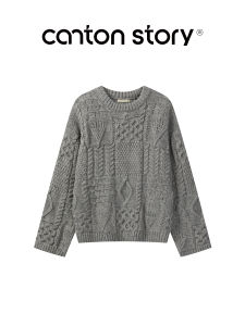 Cantonstory | Áo Sweater Nữ Cổ Tròn Dệt Cable Mỏng Đỏ Cho Mùa Đông
