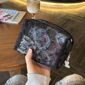 Cute Kitty Mesh Cosmetic Bag Womens Portable Travel Makeup Handbag Large Capacity Toiletry Storage Bag Cartoon Style