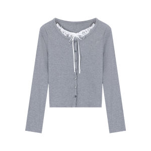 Grey Lace Splice Long Sleeve T-Shirt Base Shirt Womens Autumn Winter Design Sense Fake Two-Piece Top Casual Style Slim Fit