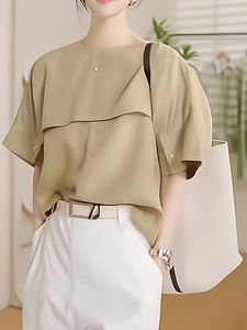 Elegant Double Layer Collar round Neck Short Sleeve Shirt Womens Fashionable Casual High End Feel Commute Korean Style Top
