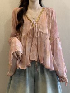 Áo Nữ cổ V Phong Cách Vintage Chống Nắng Dyeing Giảm Cân Làm Mới Lấp Lánh