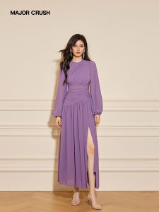 Elegant Purple Long Sleeve Lace Cutout Design Dress