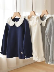 Girls Long Sleeve Lace Trimmed Doll Collar T-Shirt Spring Autumn Princesse Style Cotton Base Shirt for 2-14 Years Old Kids