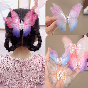 【Muswannas】Moving Butterfly Barrettes Super Fairy Children Hair Clip Headwear Internet Celebrity Gradient Silk Yarn Bow Girls Hairpin