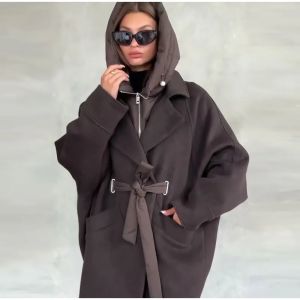 Zippers Loose Wool Blend Fake Two Piece Hooded Jacket Women Pocket Puffer Liner Mid Length 2026 Winter Lady Lace Up Outerwear