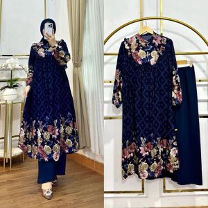 Setelan Tunik Arum Rayon Diamond plus Celana Crinkle Airflow Kekinian Busui Premium Ruffle