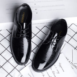 Business Formal Wear Wedding Shoes Best Man Casual Leather Shoes round Toe Summer Black British Mens Glossy Casual Shoes Men