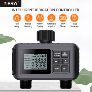 Yieryi Garden Watering Timer Programmable Faucet Timer Water Valve Garden Automatic Watering System 2 Zone Sprinkler Timer with Rain Delay for Yard Lawn Pool