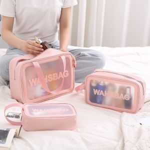 COD## Portable Travel Wash Bag PU Transparent Waterproof Makeup Organizer Large Capacity Storage Pouch