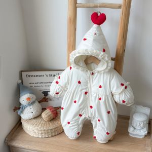 Thickened Cotton Baby Girl Outfit New Year Visit Winter Clothes Princess Style Polyester Fiber Long Sleeve with Hat Baby Romper