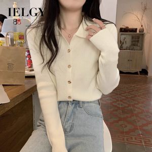 IELGY Early Autumn New Womens Long Sleeve Knitted Cardigan Polo Neck Sweater Button Simple Design Chic Base Top