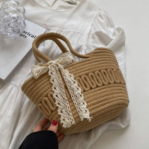 Handwoven Straw Beach Bag Womens Fashionable Holiday Style Basket Handbag Single Shoulder Bag No Partition Zipper Closure