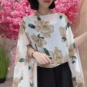 Mùa Hè Mới Chân Váy Voan in Họa Tiết Cổ Tròn Quần Áo Du Lịch Chụp Ảnh Thời Trang Đa Năng Quần Áo Mỏng Chống Nắng