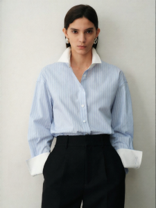 Contrast Collar Blue Stripe Blouse Cotton Blend