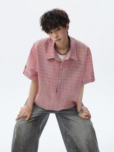 OULUDE | Dopamine Plaid Bubble Linen Short Sleeve Shirt