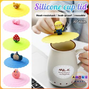 Amoki Cute Anti-slip Anti-dust Silicone Cup Mug Cover Reusable Dustproof Cartoon Lid