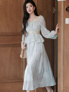 Impression Fashion Women French Embroidery Sequined Square Neck Long Lantern Sleeve Cinched Waist Flowy Long Dress