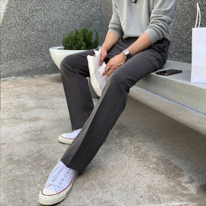 Grey Drapey Wide Leg Mens Suit Pants Casual Long Trousers Fashionable Korean Style Versatile Loose Straight Cut Youthful Trend