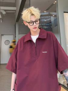 Red Wine Color Polo Shirt Short Sleeve Men Summer Handsome Trendy Half Zipper American Retro Heavyweight Collar T-Shirt