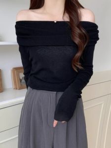 chaqi | Womens Knitted Base Shirt High Waist Regular Shoulder Long Sleeve Fashionable Inner Wear French Style Irregular Sweater