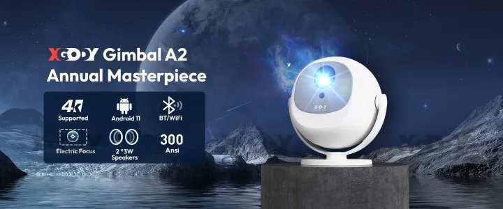 XGODY Gimbal A2 Smart Projector Built-in Dual Speakers Native 1080P Resolution Support Android TV and 4K 300 ANSI Lumens Electric Focus Home Theater System