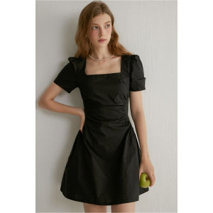 PIAOYA | Black Square Neck Puff Sleeve Slim Fit Summer Dress