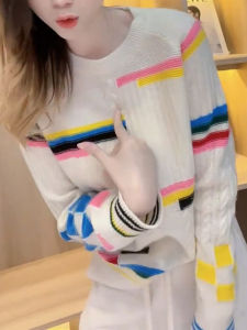 QINGNAER | Exclusive Color Block Striped Knit Sweater for Women Plus Size