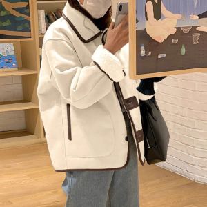 Double-Sided Wear Lamb Fur Short Jacket Baseball Style Womens Winter Coat Sweet Style Loose Fit Polyester Fabric Long Sleeve