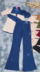 SÉT BỘ THUN XỐP phối hai màu.MÃ K09. QUẦN ỐNG LOE TÔN DÁNG