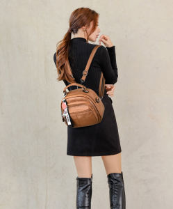 Fashionable Mini Leather Backpack Womens Double Shoulder Handbag Street Trend Zipper Closure Casual Scene Waterproof Youth