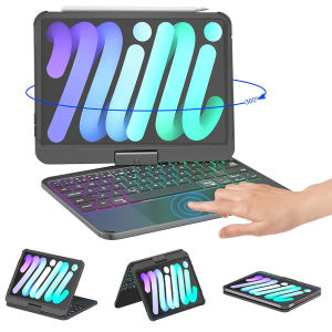 แทร็คแพดแบบมัลติทัชแป้นพิมพ์บลูทูธแบ็คไลท์ RGB 7สีพร้อม360อัจฉริยะ ° เคสคีย์บอร์ดฝาแข็งหมุนได้สำหรับ iPad Mini รุ่น7th 2024/สำหรับ iPad Mini 6th Gen 8.3นิ้ว2021