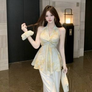 GUZILIAN | Áo vest không tay cổ chữ V hở lưng thắt nút gợi cảm mùa hè cho nữ Áo khoác ngoài mỏng bằng polyester phong cách thường ngày