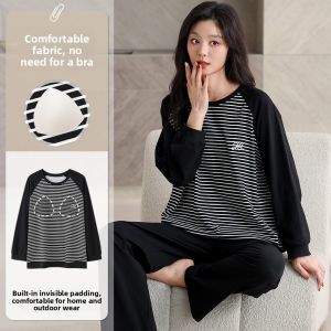MiiOW | Pure Cotton Sleepwear Womens Thin Long Sleeve Long Pants With Chest Pad 2025 New Loose Can Be Worn Outdoor Home Clothes Set