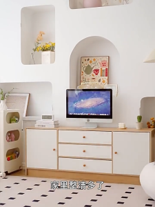 HOGO Modern Rattan TV Cabinet Stand Small Family Living Room TV Drawer Storage Locker Rack Home Bedroom Background Wall Media Table