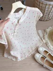 Áo Sơ Mi Nữ Tay Ngắn Dáng Rộng in Hình Trái Tim Màu Hồng Phong Cách Trung Hoa Mới Mùa Hè 2025 Áo Sơ Mi Cổ Đứng Thoáng Khí