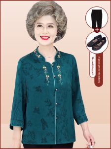 เสื้อเชิ้ตผู้หญิงวัย 60 ปี สไตล์จีนโบราณ ชุดแต่งงาน ชุดลำลอง ฤดูร้อน ชุดกี่เพ้า ชุดกี่เพ้า ทรงหลวม แขนยาว ปกติ