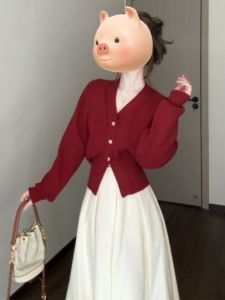 Áo len cardigan nữ BINKAFENNY dệt kim màu đỏ thiết kế eo nhỏ dài tay