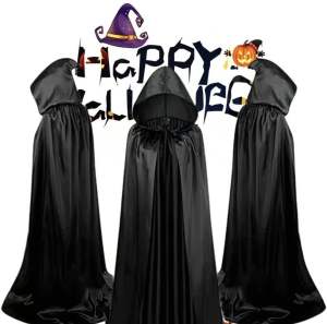 [SG Ready Stock] Black Satin Hooded Cape 170cm Halloween Costume Vampire Wizard Witch Grim Reaper Cloak Adult