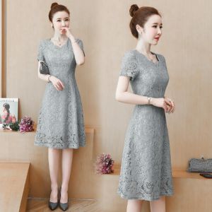Large Size Womens Fashionable Summer Dress Midi Length A-Line Lace Trim Skirt Conceals Belly Short Sleeve V-Neck Korean Style