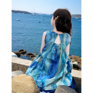 Girls Tie Dye Dress Summer New Style Childrens Oil Painting Vest Skirt Beach Holiday Dress High Waist Cotton Blend Machine Washable