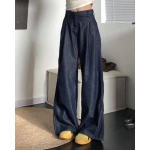 Quần Jeans Ống Rộng Xanh Cổ Điển Cao Cấp Cho Nữ Mùa Hè Quần Dài Đến Sàn Cạp Cao Rộng Rộng Quần Jeans Denim Thường Ngày